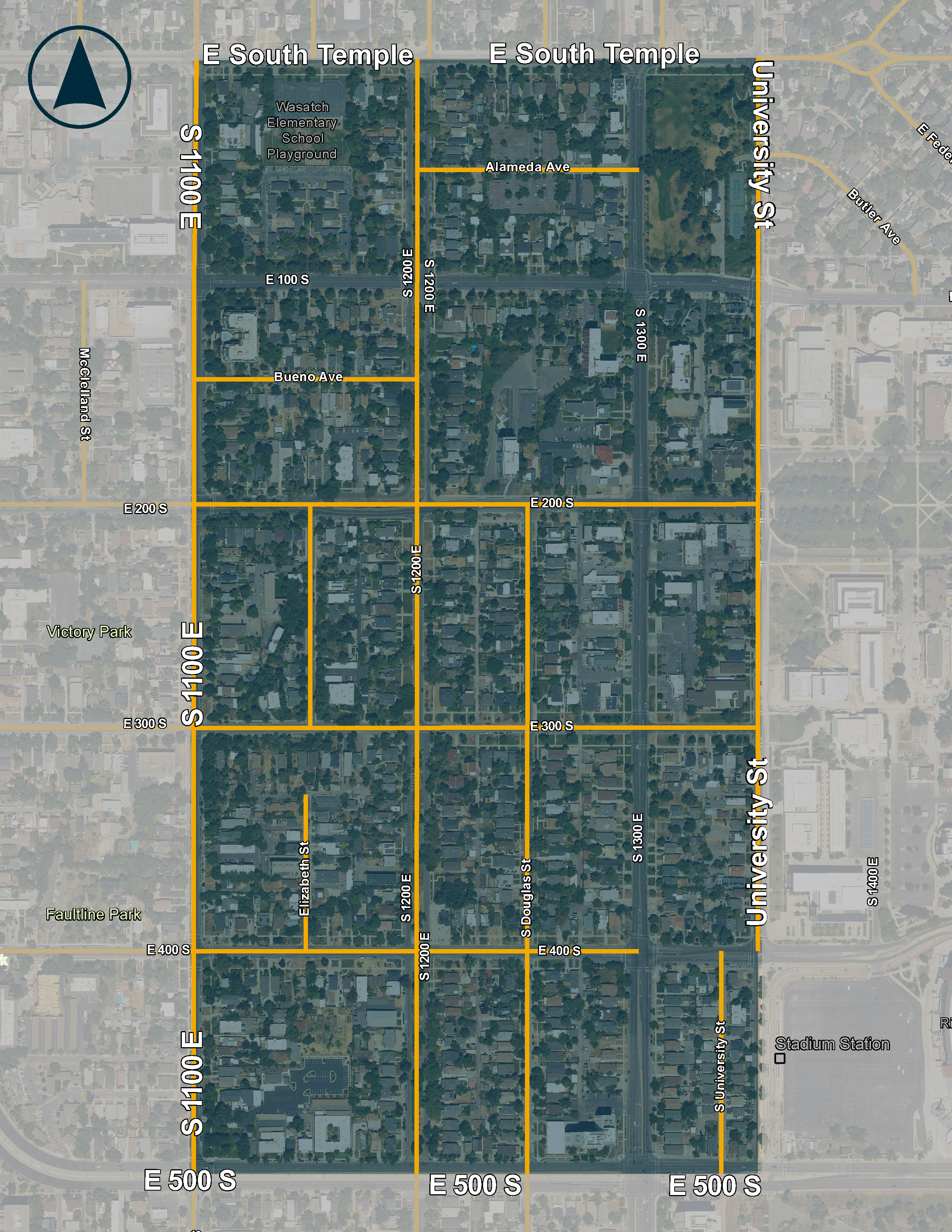 Map of zone 20 in East Central. Northern boundary is South Temple, Eastern boundary is University Street, Southern boundary is 500 South, and the Western boundary is 1100 East.