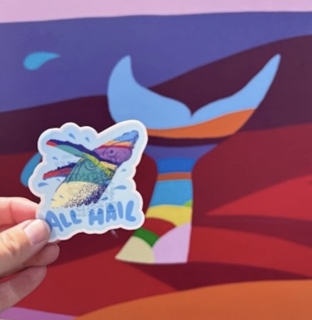 "All Hail" whale sticker.