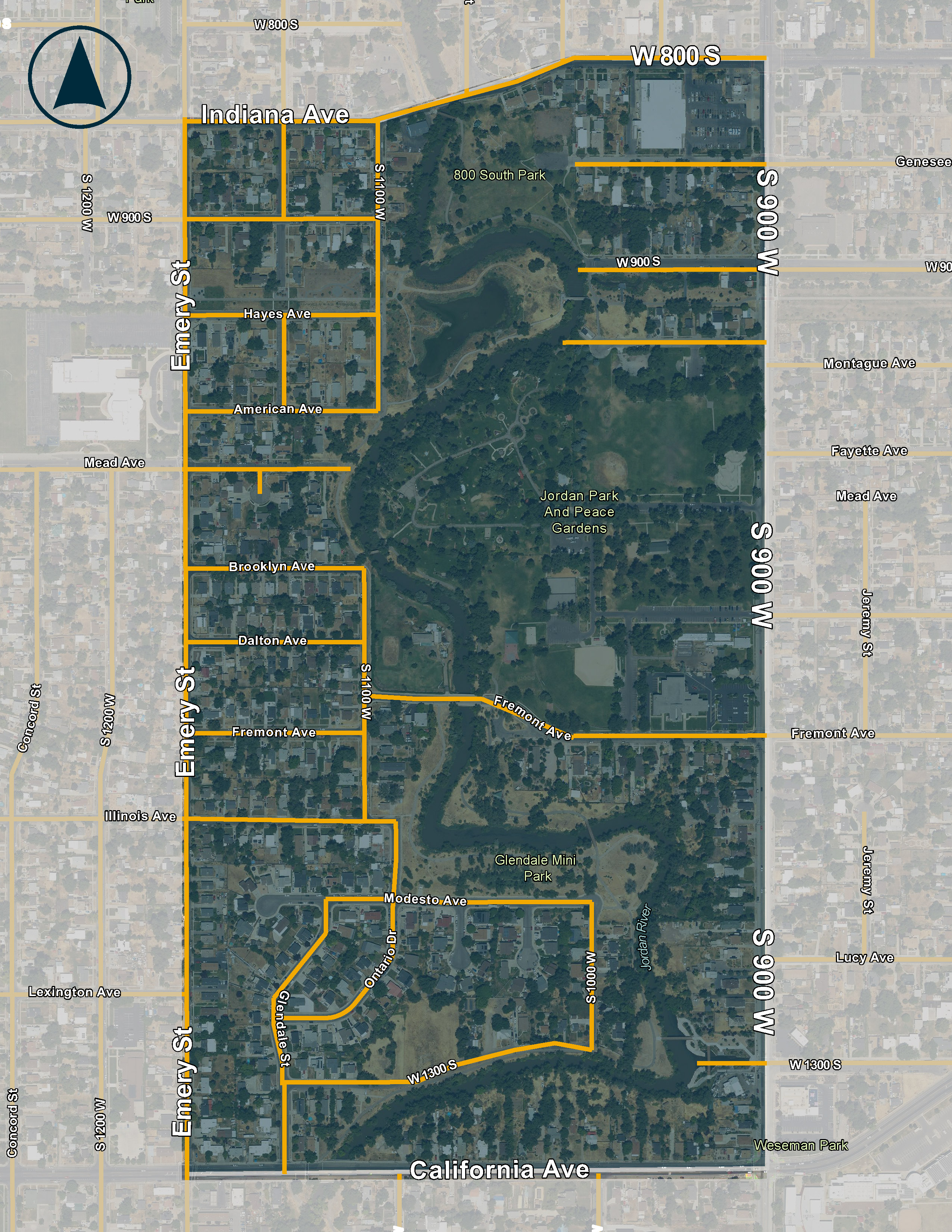 Map of zone 18 in Glendale. Northern boundary is 800 South, Eastern boundary is 900 West, Southern boundary is California Avenue, and the western boundary is Emery Street.