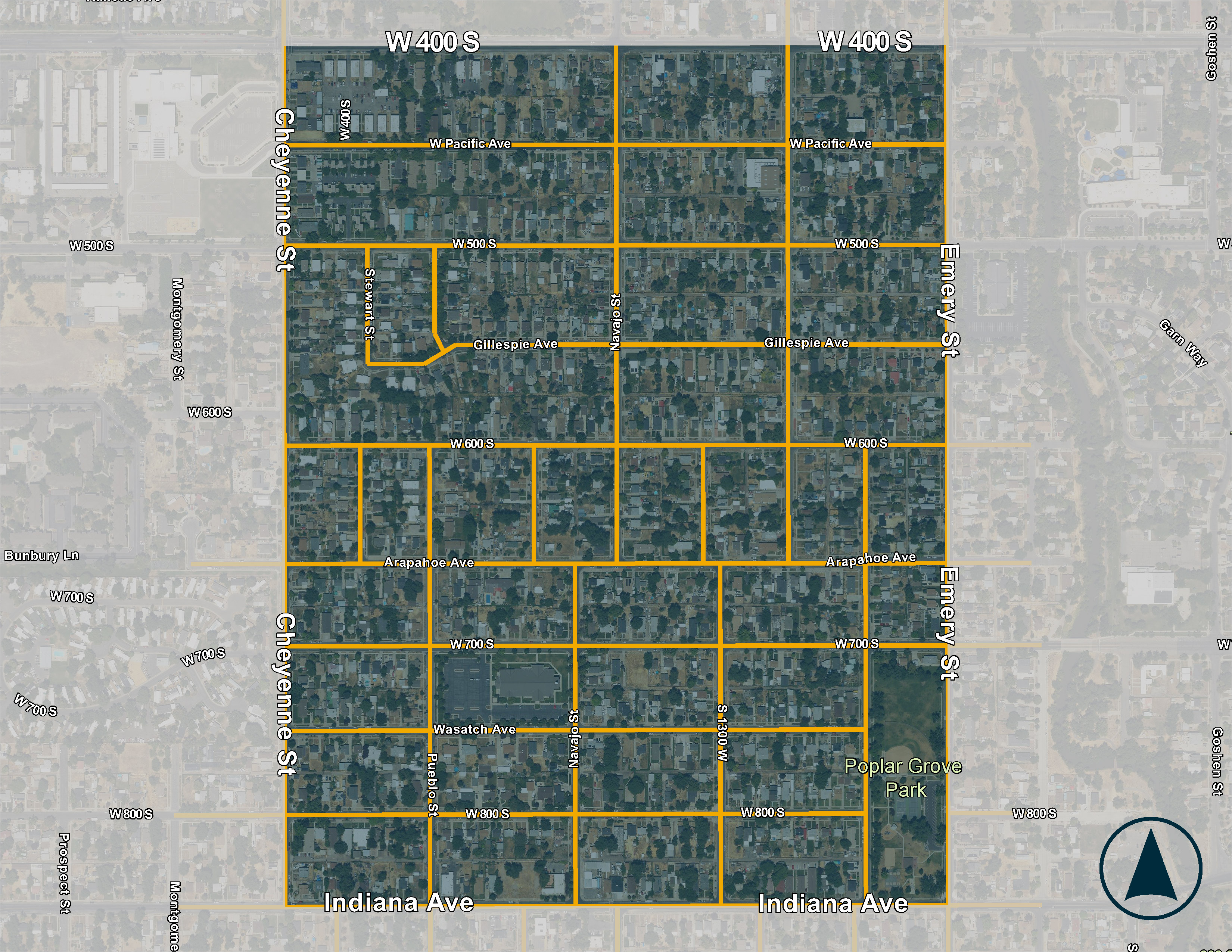 Map of zone 17 in Poplar Grove. Northern boundary is 400 South, Eastern boundary is Emery Street, Southern boundary is Indiana Avenue, and the western boundary is Cheyenne Street.