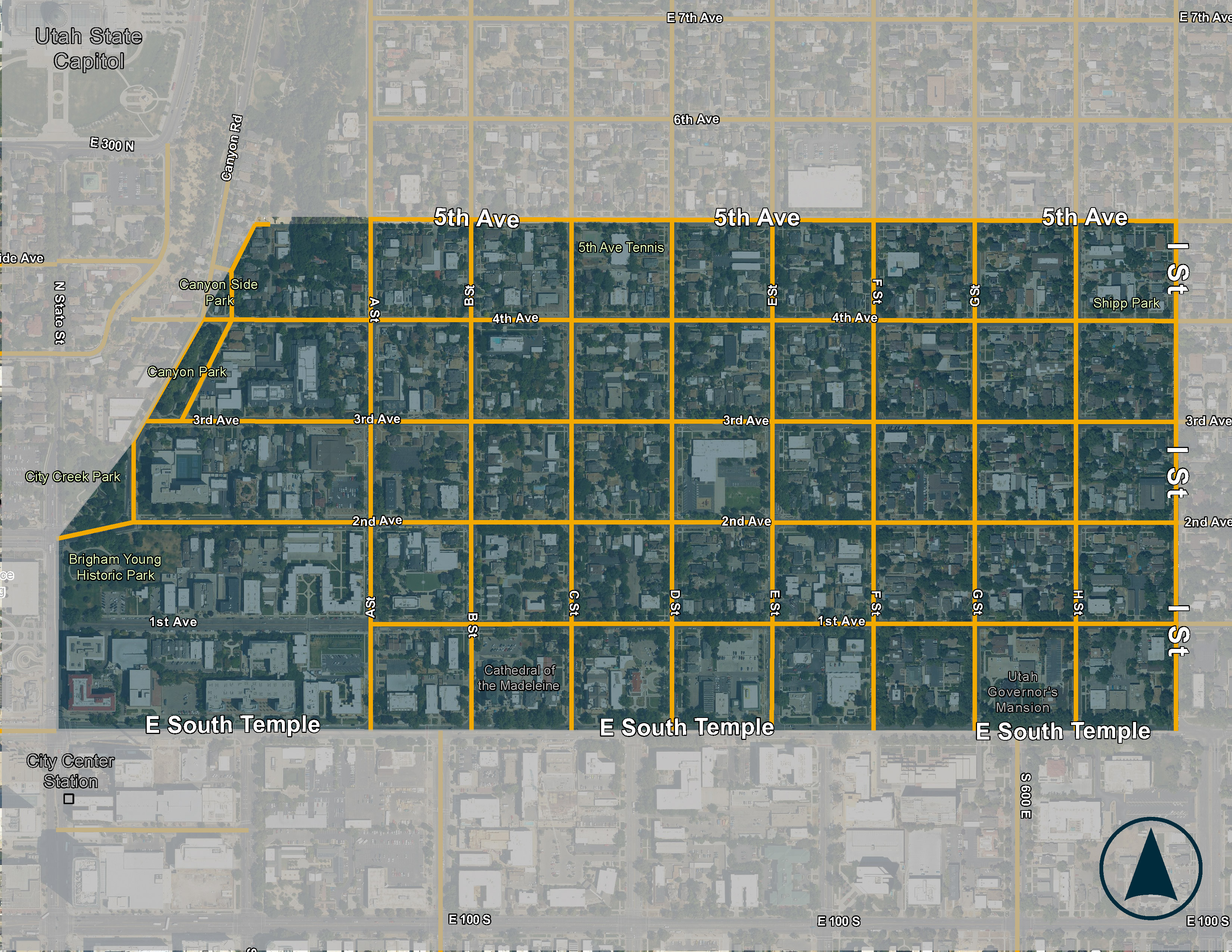 Map of zone 21 in Lower Avenues. Northern boundary is 5th Avenue, Eastern boundary is I Street, Southern boundary is South Temple, and the Western boundary is Canyon Road.