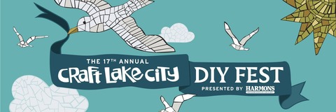 Mosaic-style seagulls in a summer sky, carrying a banner reading: The 17th Annual Craft Lake City DIY Fest: Presented by Harmons