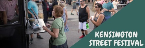 People gathered at a community event. Titled: Kensington Street Festival