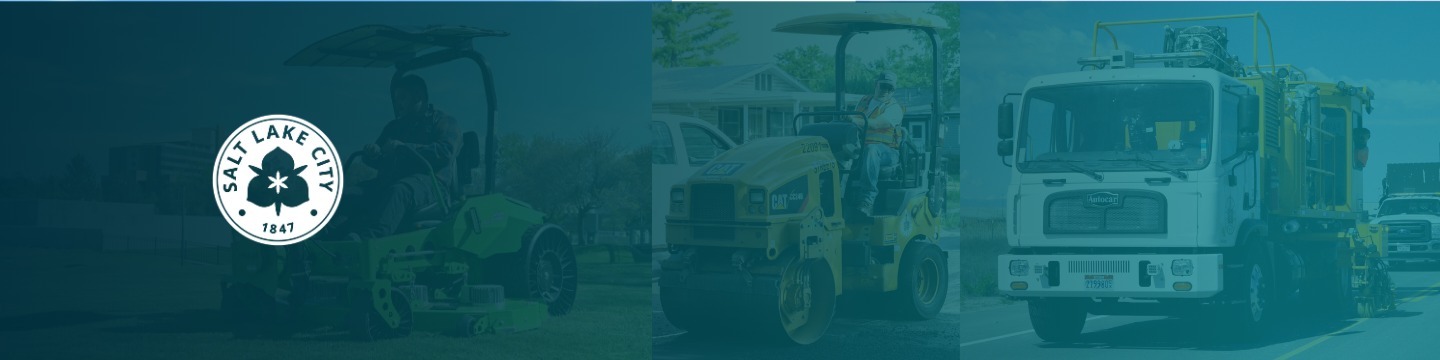 an electric lawn mower, asphalt roller, and pavement marker collage with a blue overlay and marked with the Salt Lake City Logo. 