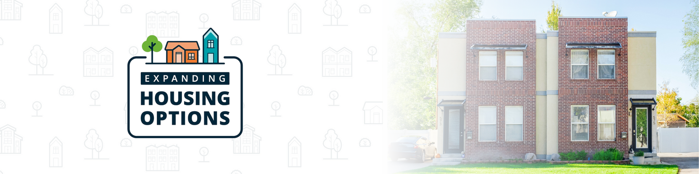 “Expanding Housing Options” project mark next to a photo of a townhouse.