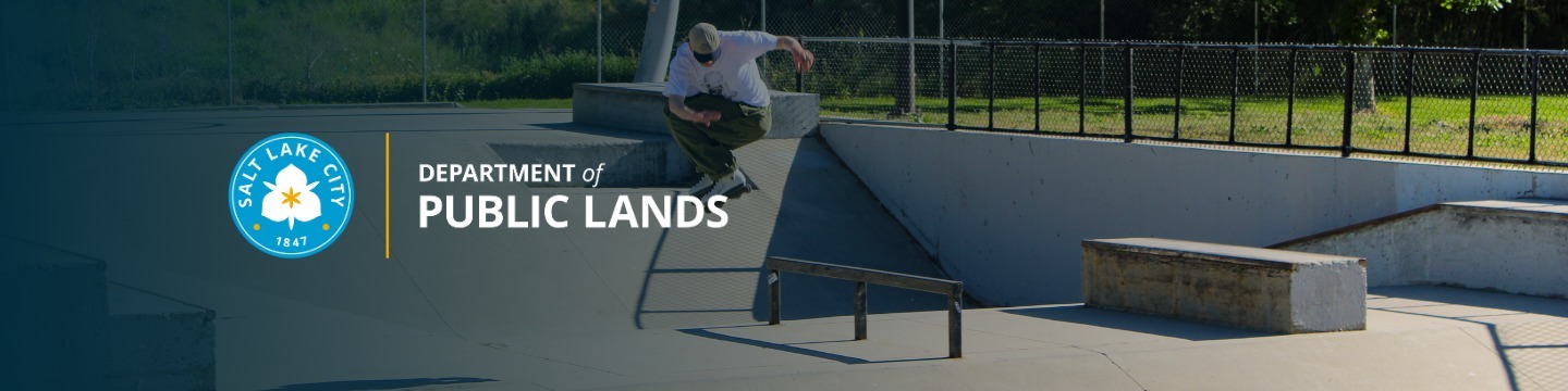Public Lands Logo overlayed on an image of skateboarder mid-air at the Fairmont Park Skate Park.