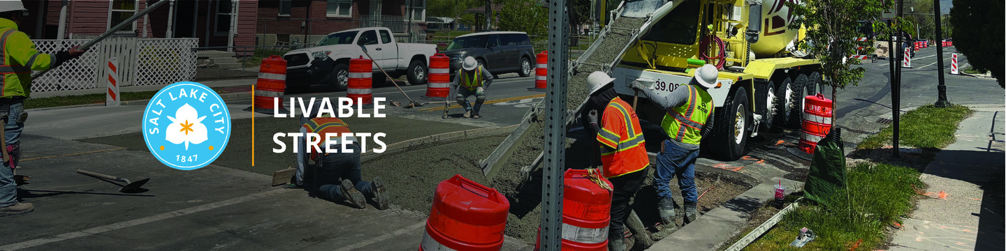 The Salt Lake City logo, a yellow vertical line, and text reading "Livable Streets" are in the foreground. An image of construction workers installing a speed hump on a residential street is in the background.