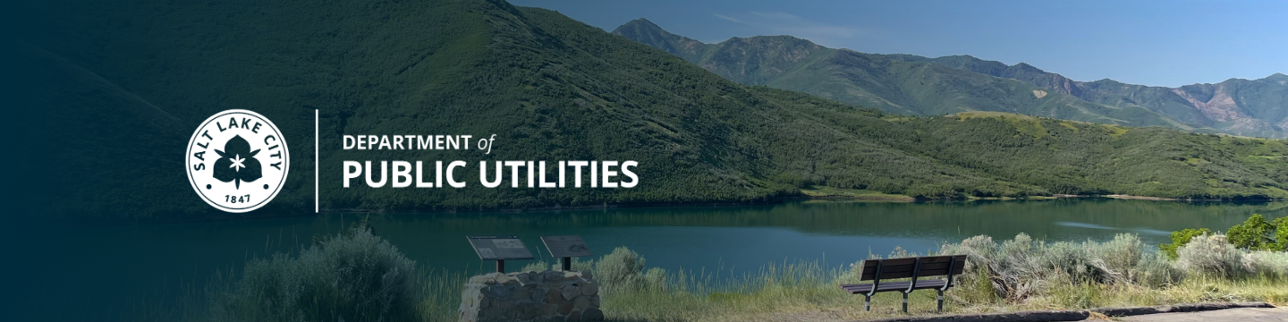 Department of Public Utilities logo overlaying a scenic view of a reservoir. 