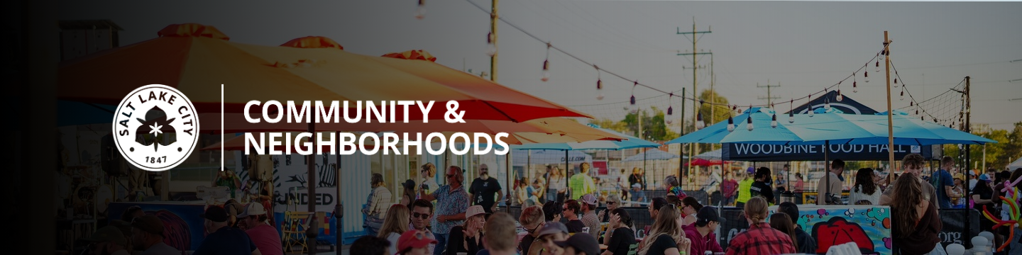 The Department of Community & Neighborhoods logo over an image of people sitting at tables under umbrellas. 